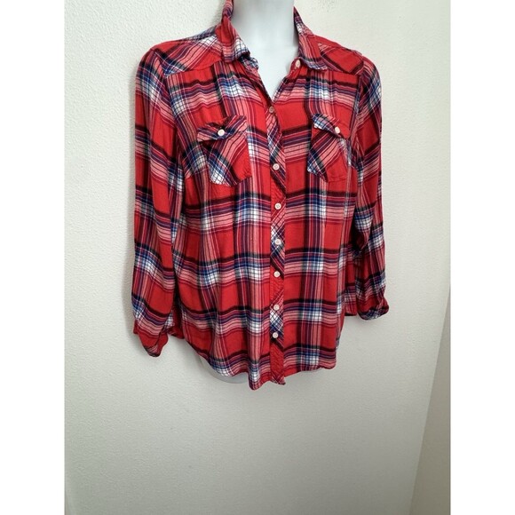 Torrid Women's Shirt Oversized Plaid Flannel Rayon Size 1X Red Blue Button Up - Picture 1 of 6